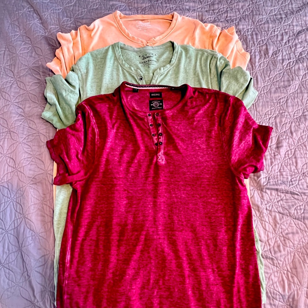 2 Lucky Brand and 1 Buffalo shirts.